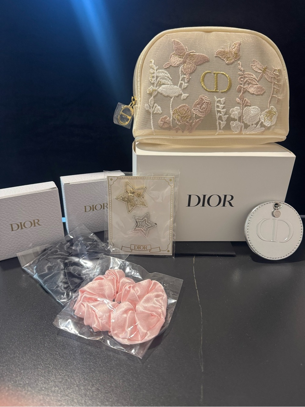 Dior Beauty Pouch with Light Pink&Black Satin Scrunchie & Starclips & Mirror